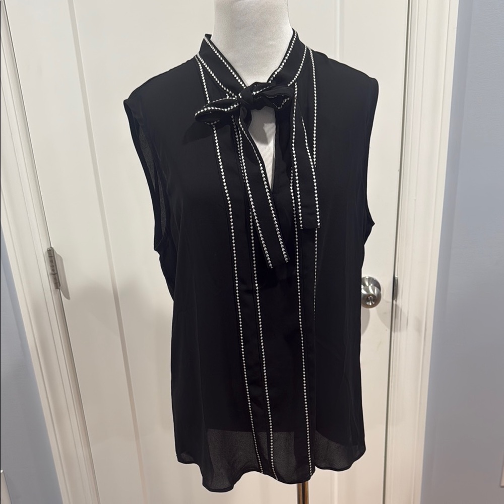 White House Black Market Black Sleeveless Bow Tie Neck Blouse with White Trim